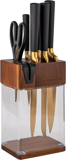 (⭐⭐ HOT SALE NOW)  Stainless Steel Black and Gold Knife Set with Block