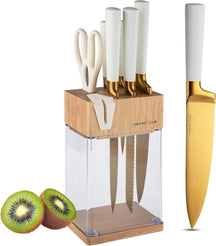 (⭐⭐ HOT SALE NOW)  Stainless Steel Black and Gold Knife Set with Block